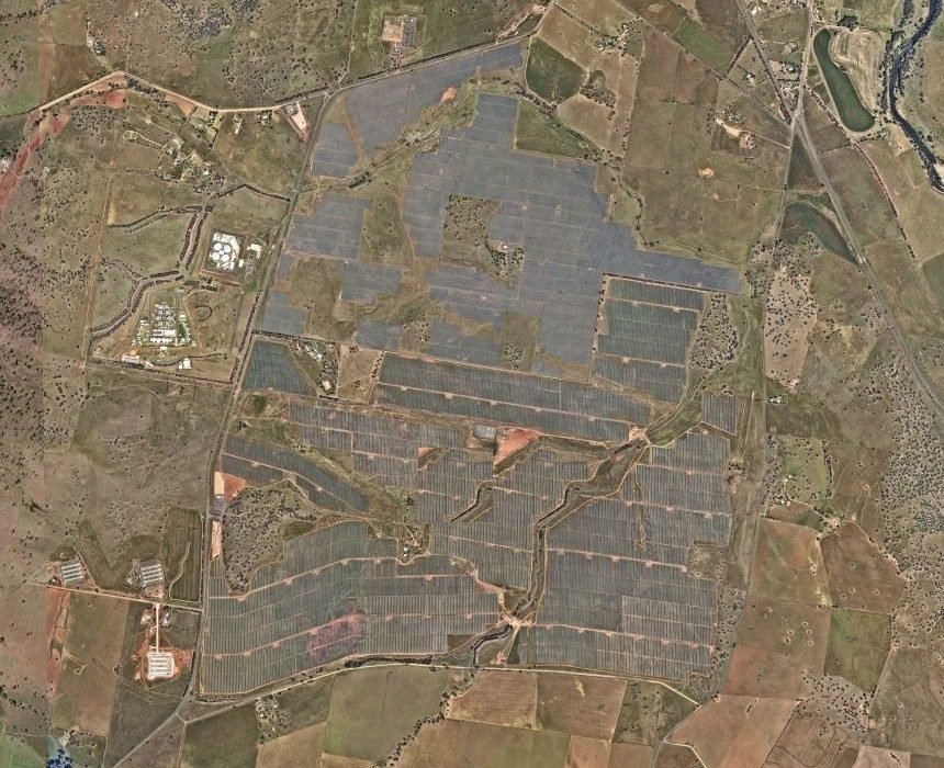 Aerial view of a NSW solar farm with tracker rows