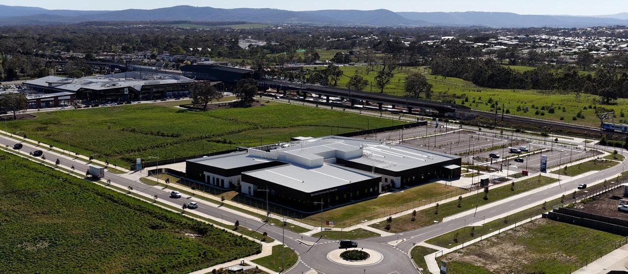 Aerial view of a community hospital campus