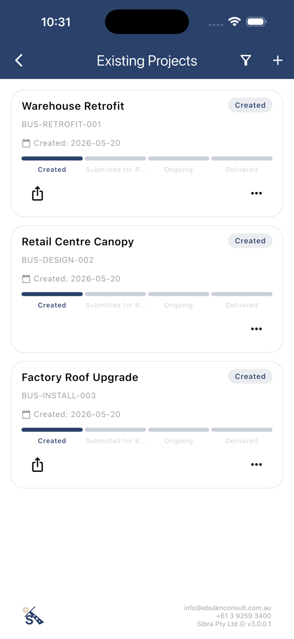 Project cards with status pipeline from Created to Delivered